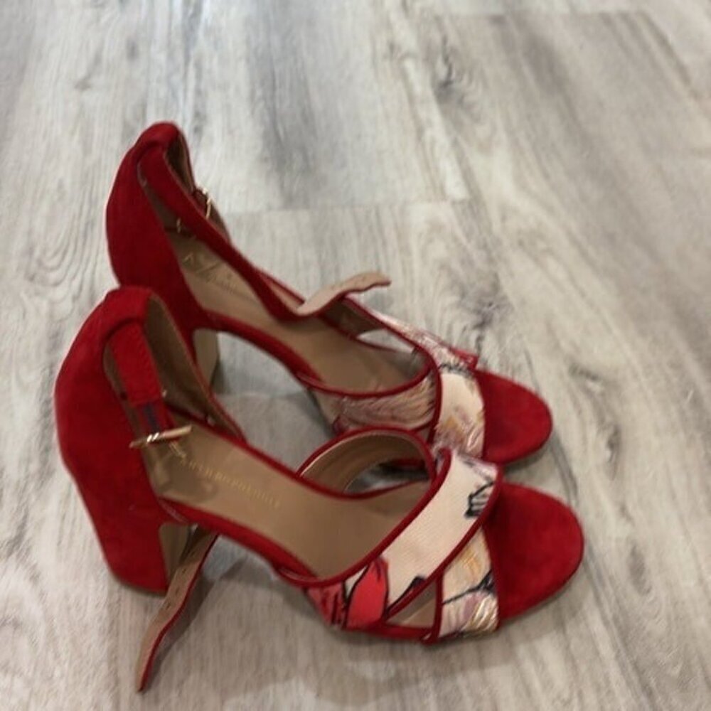 Anthropologie Red Jacquard red block Heel Sandals 6.5 - Picture 4 of 7